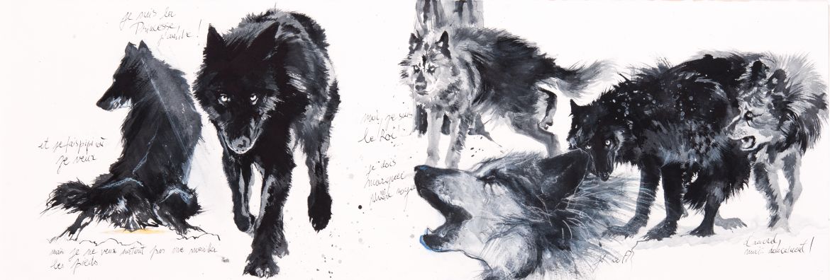 Timberwolves - Encre sur papier, marouflé sur polystyrène – 30/100 cm