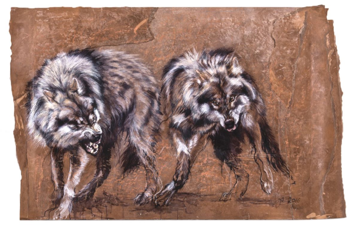 Loups gris européens - encaustique sur papier, marouflé sur bois – 85/130 cm