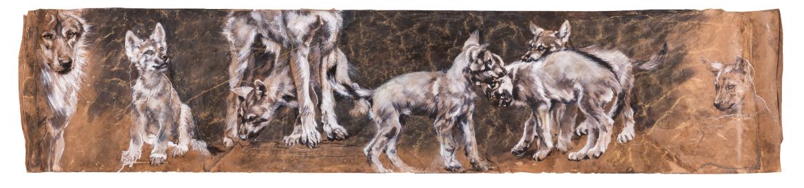 (Timberwolves) Encre sur papier, marouflé trois couches – 110/65 cm