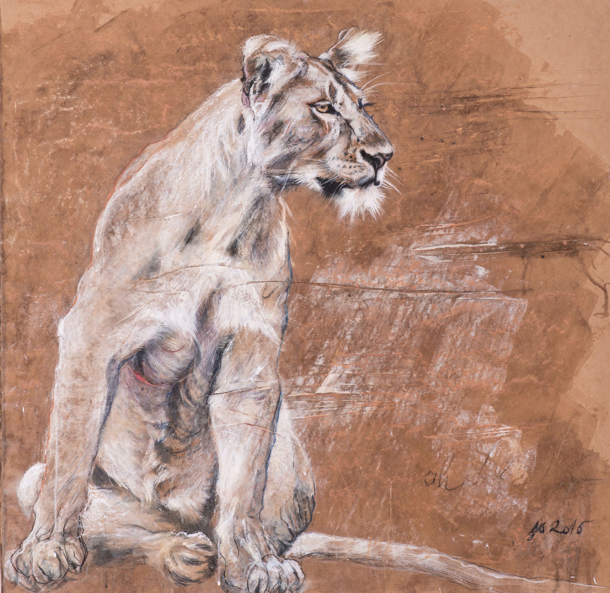 lionne blessée - encaustique et craie sur papier marouflé et clouté sur bois -85 85 cm.jpg